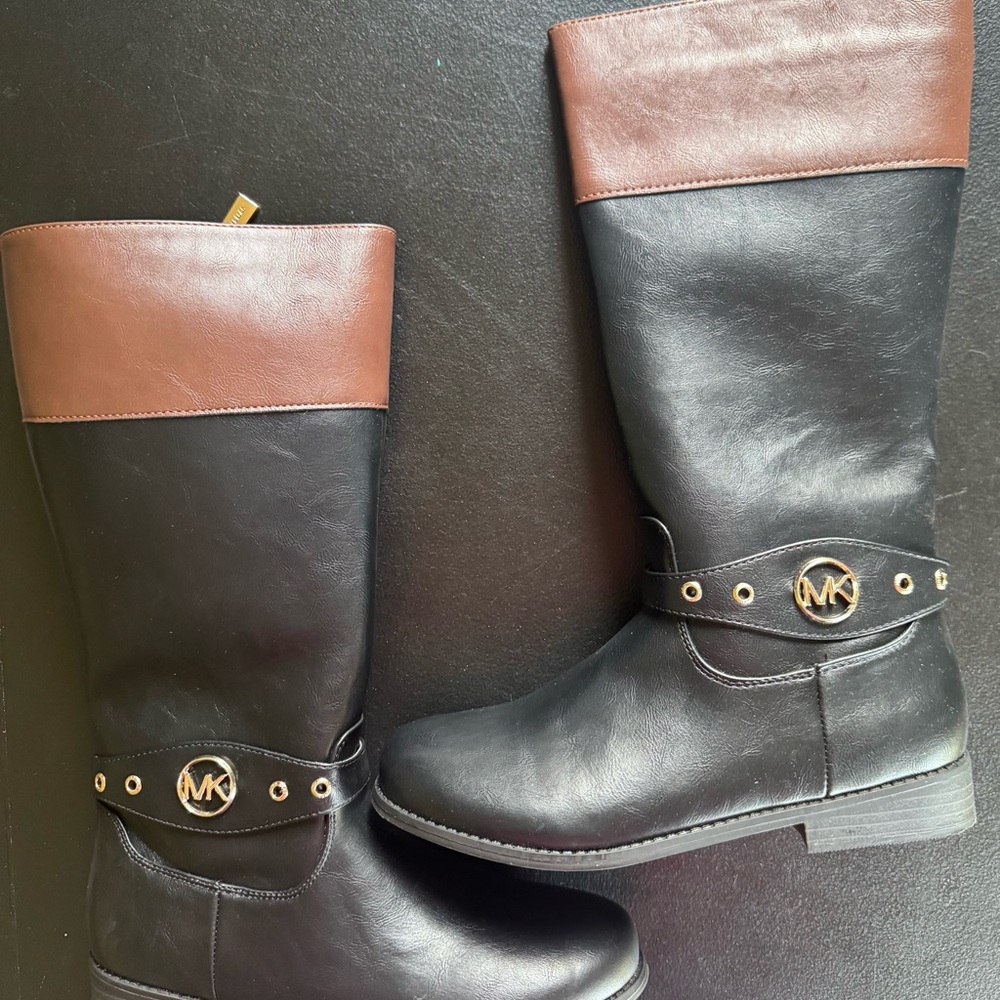 Michael Kors Black and Brown Riding Boots with Metallic Accents